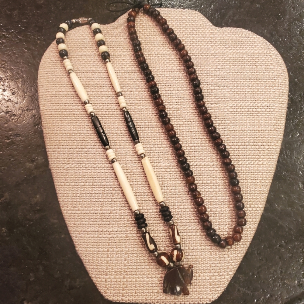 Set of 2 wood bead necklaces: one brown bead & one with elephant pendant